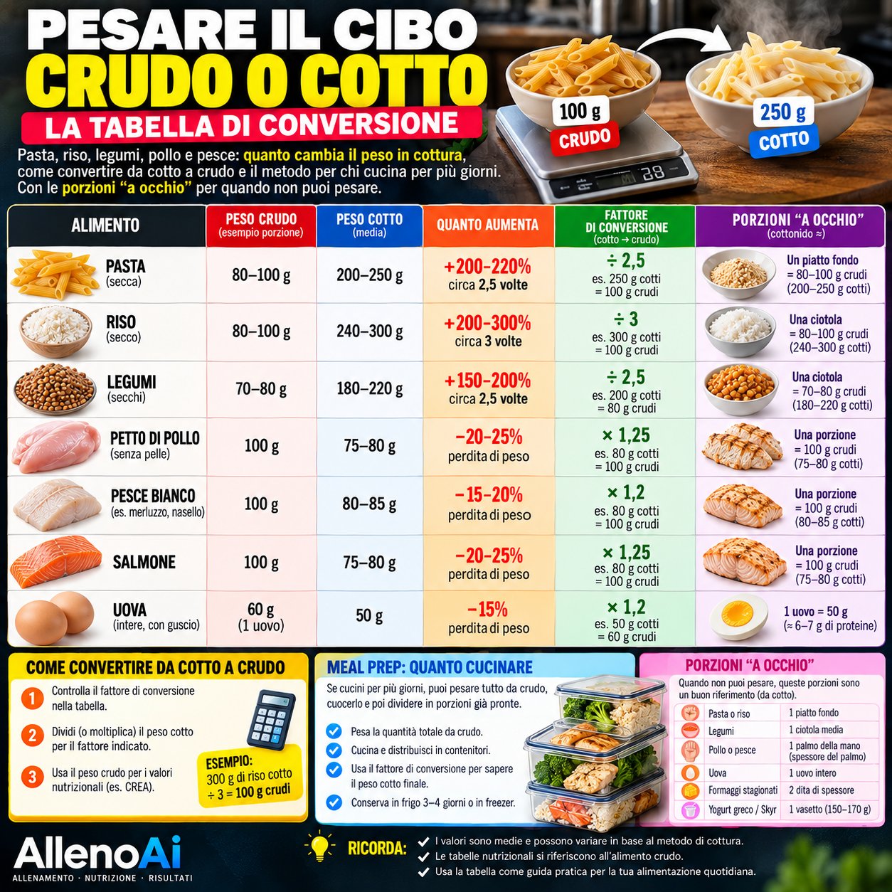 Pesare il cibo crudo o cotto: la tabella di conversione
